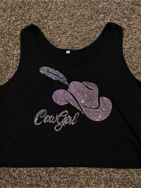 Cowgirl Rhinestone Crop Tank Top - Black XL